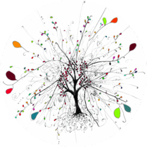 logo rond du site manege music - dessin d'un arbre de vie aux feuilles multicolores