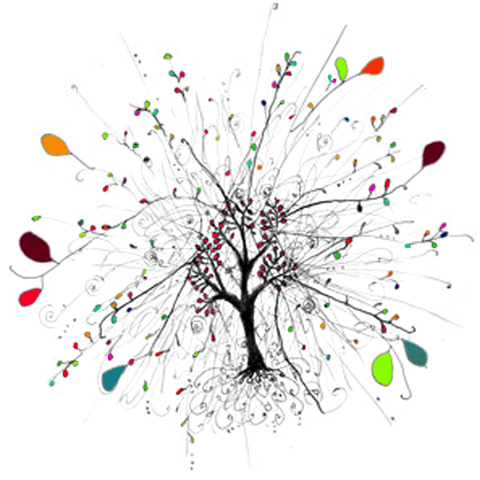 logo rond du site manege music - dessin représentant un arbre de vie aux feuilles multicolores